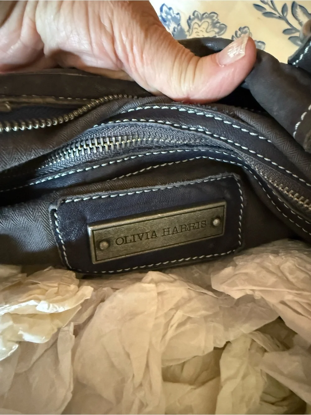 OLIVIA HARRIS Dark Gray LEATHER SATCHEL TOTE  BAG Purse Pocketbook